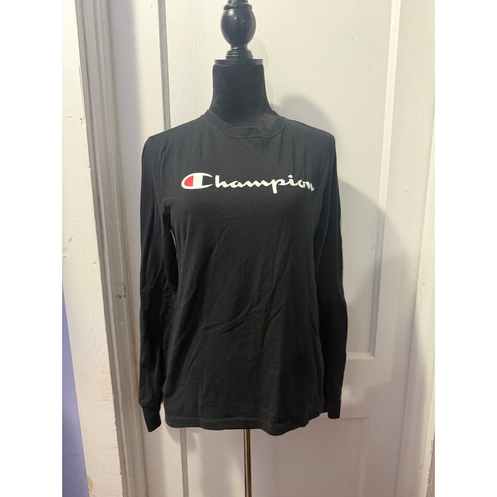 Champion Mens Graphic Long Sleeve T-Shirt Black Script Logo Size M
